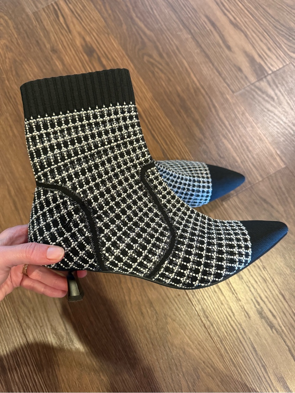 Vivaia Theresa tweed houndstooth Knit Pointed-Toe Sock Booties with Low Heel